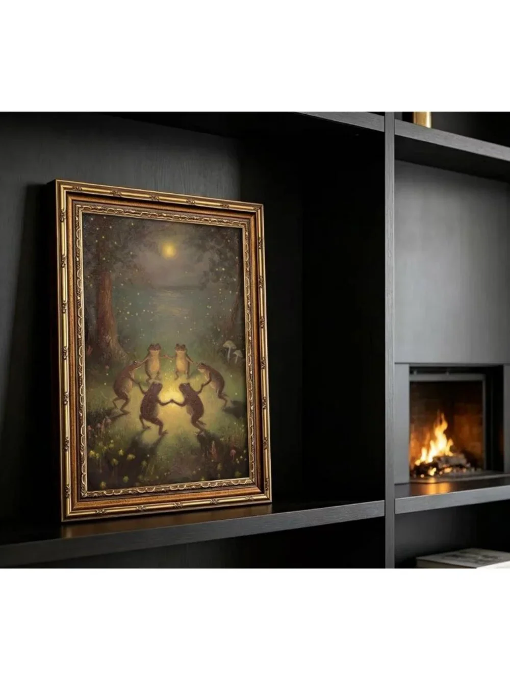 Whimsical Vintage Frog Wall Art - Gold Framed Canvas Print for Living Room